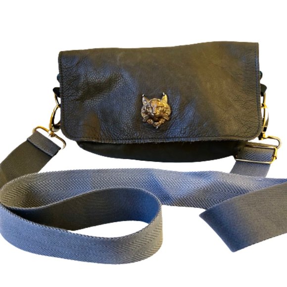 Sous les Pavés Paris SLP Green Lambskin Handbag Crossbody Web Strap Bronze Cat - Picture 6 of 15